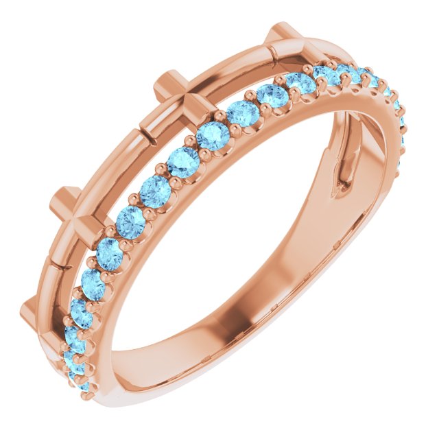 14K Gold Round Natural Aquamarine Stackable Cross Ring - Rose Gold