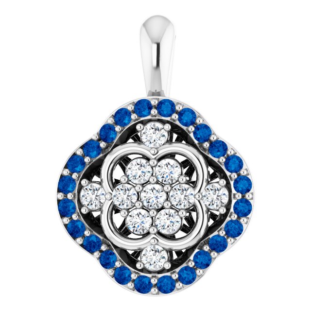 Platinum Round Natural Blue Sapphire & Natural Diamond Halo-Style Cluster Necklace or Pendant – 1/3 CTW