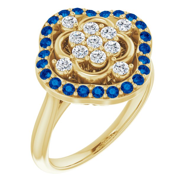 14K Gold Round Natural Blue Sapphire & Natural Diamond Halo-Style Cluster Ring – 2mm Stones - Yellow Gold
