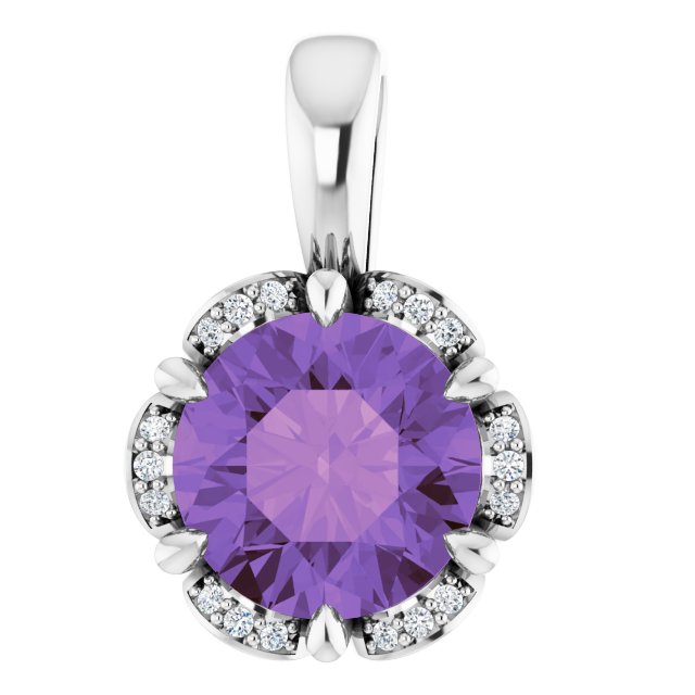 Platinum Round Natural Amethyst & Natural Diamond Halo-Style Pendant – 0.04 CTW