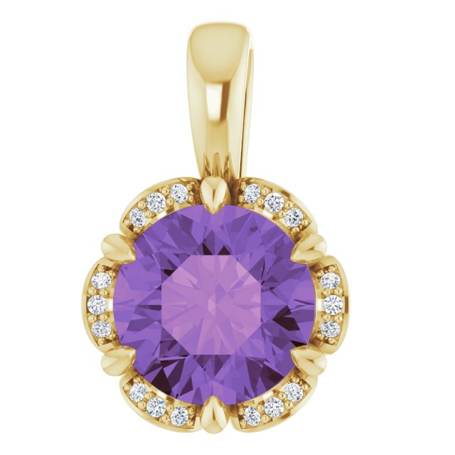 14K Gold Round Natural Amethyst & Natural Diamond Halo-Style Pendant – 0.04 CTW - Yellow Gold