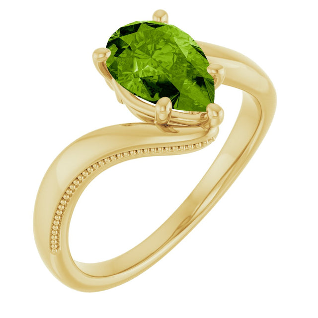 14K Gold Pear Natural Peridot Solitaire Ring – 9x6mm - Yellow Gold