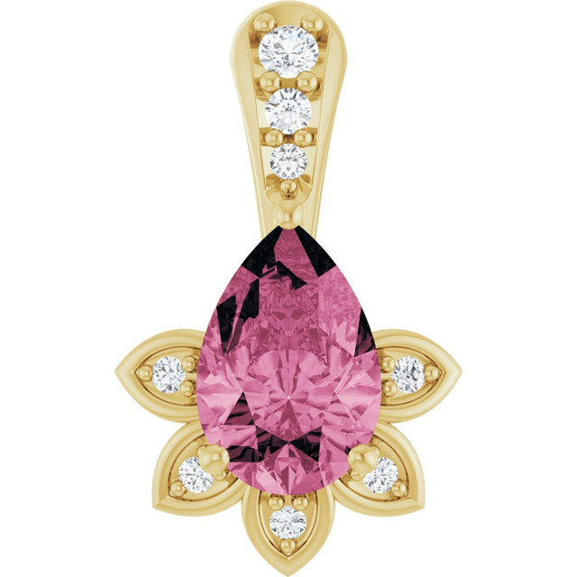 14K Gold Pear Natural Pink Tourmaline & Natural Diamond Accented Pendant - Yellow Gold