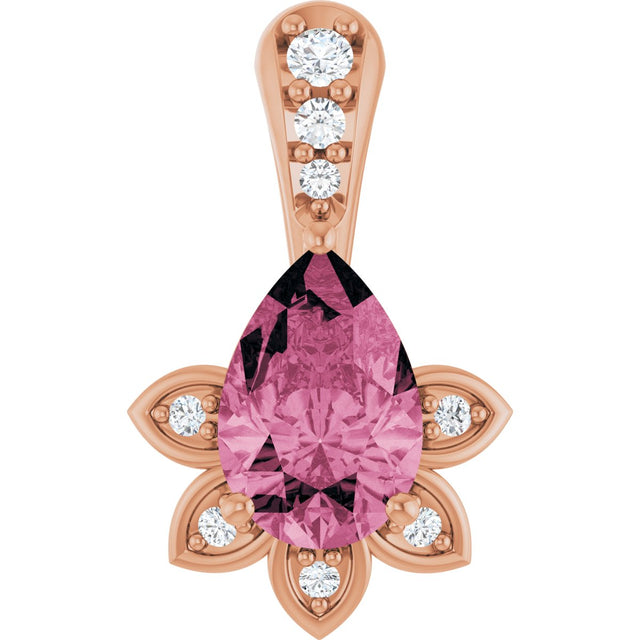 14K Gold Pear Natural Pink Tourmaline & Natural Diamond Accented Pendant - Rose Gold