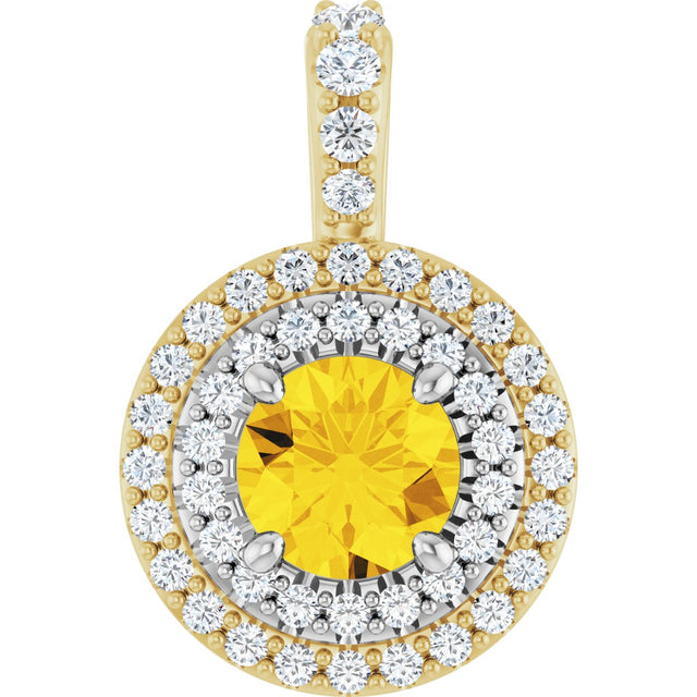 14K Gold Round Natural Yellow Sapphire & Natural Diamond Double Halo-Style Pendant - Two-Tone