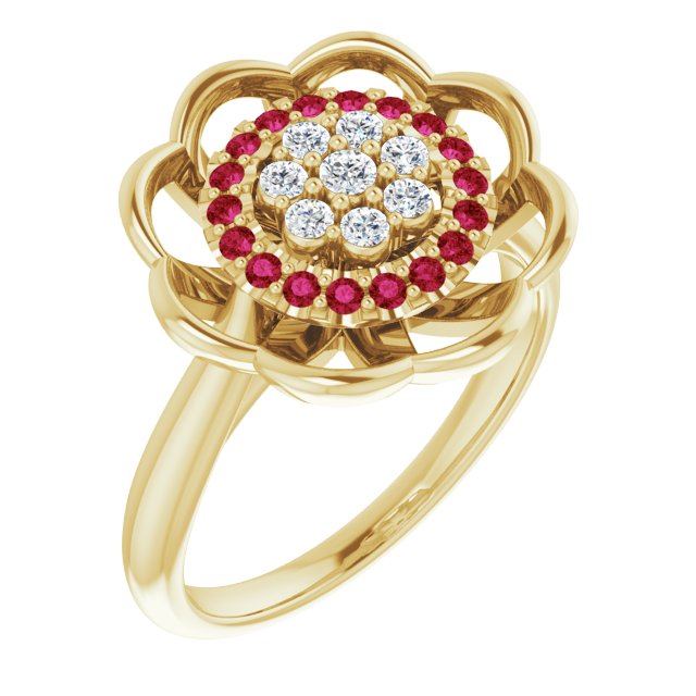 14K Gold Round Natural Ruby & Natural Diamond Halo-Style Cluster Ring - Yellow Gold