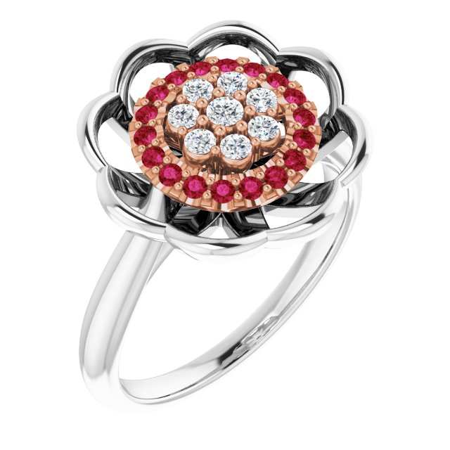14K Gold Round Natural Ruby & Natural Diamond Halo-Style Cluster Ring - Two-Tone