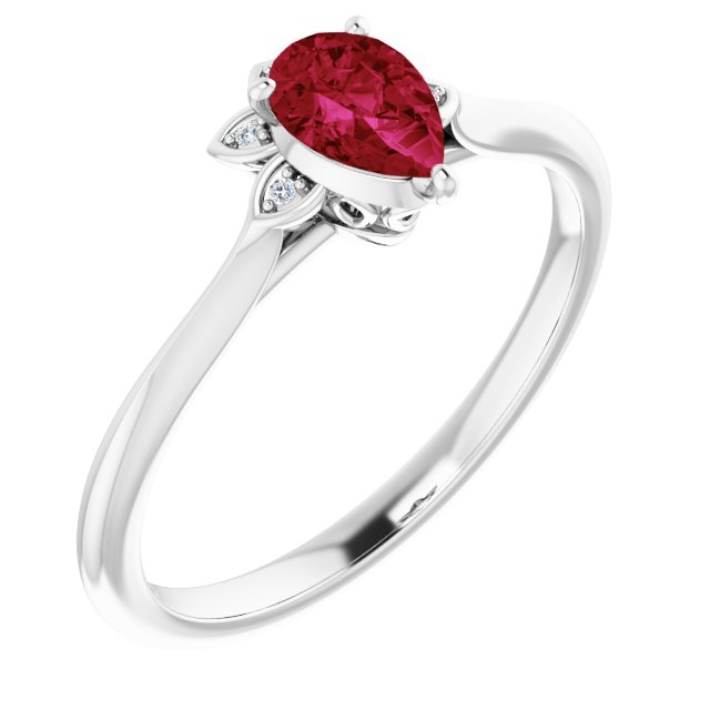 14K Gold Pear Natural Ruby & Natural Diamond Accented Ring - White Gold