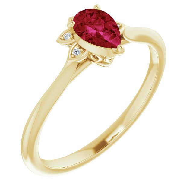 14K Gold Pear Natural Ruby & Natural Diamond Accented Ring - Yellow Gold