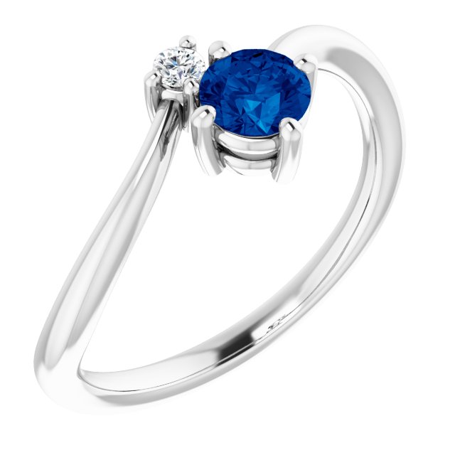 14K Gold Round Natural Blue Sapphire & Natural Diamond Accented Bypass Ring - White Gold