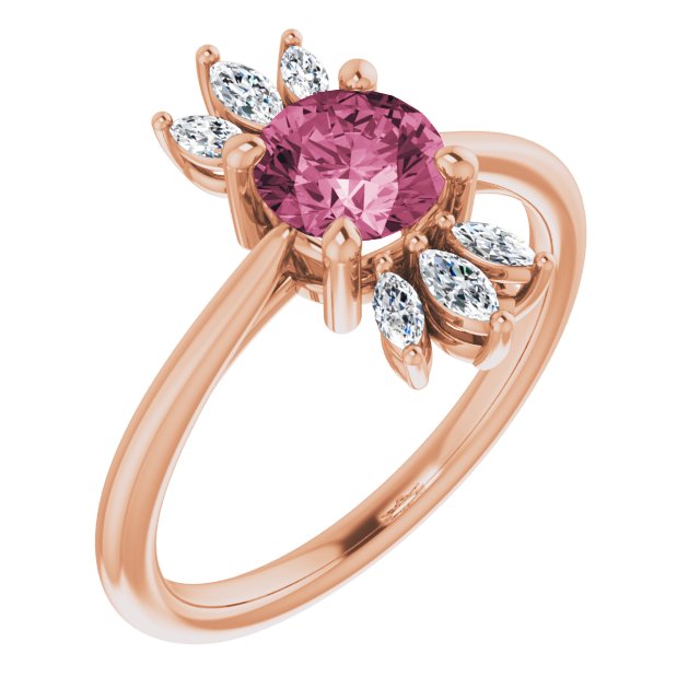14K Gold Round Natural Pink Tourmaline & Natural Diamond Accented Ring - Rose Gold