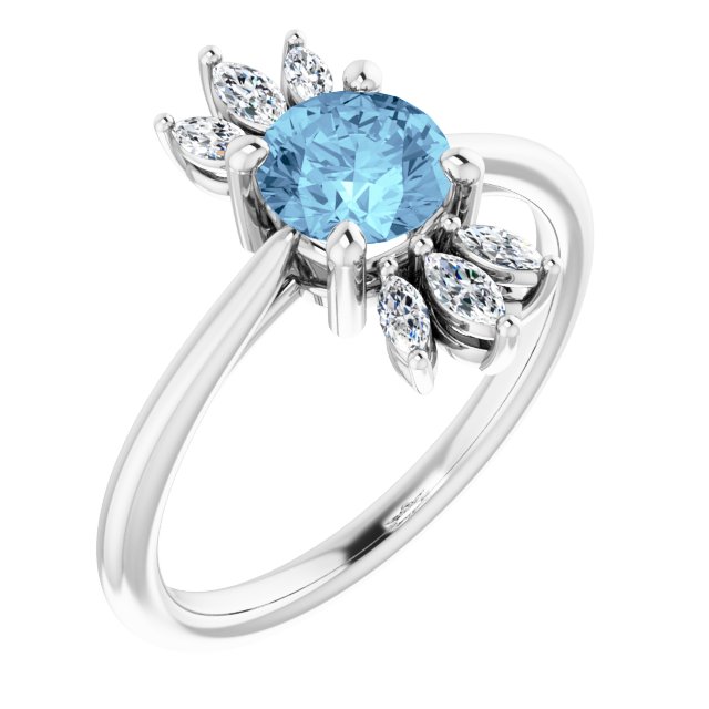 14K Gold Round Natural Aquamarine & Natural Diamond Accented Ring III - White Gold