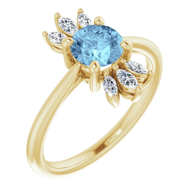 14K Gold Round Natural Aquamarine & Natural Diamond Accented Ring III - Yellow Gold