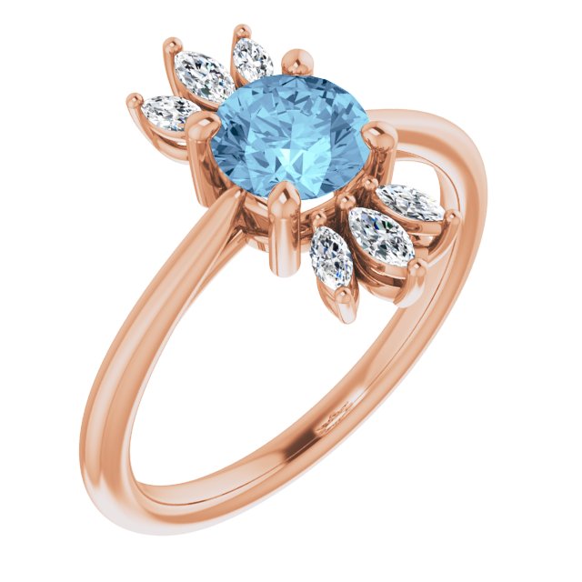 14K Gold Round Natural Aquamarine & Natural Diamond Accented Ring III - Rose Gold