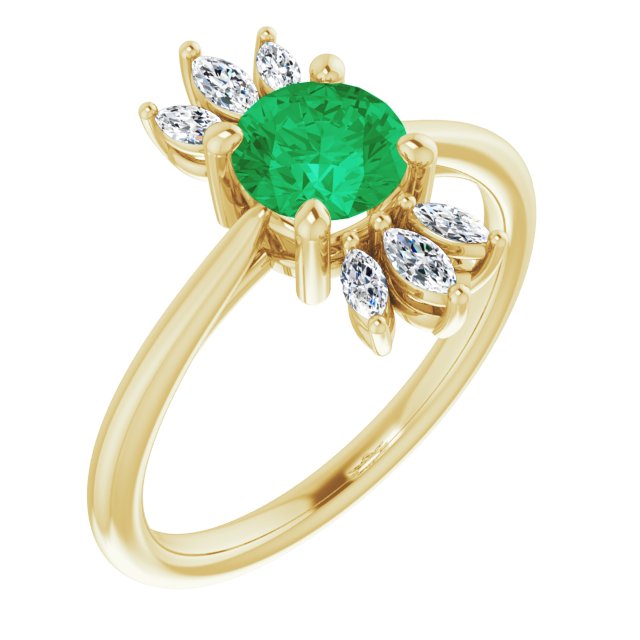 14K Gold Round Natural Emerald & Natural Diamond Accented Ring – 6mm Stones - Yellow Gold