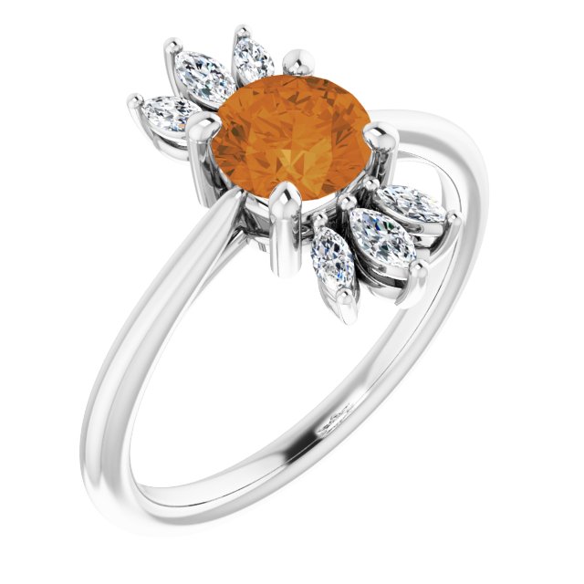 14K Gold Round Natural Citrine & Natural Diamond Accented Ring – 6mm Stones - White Gold