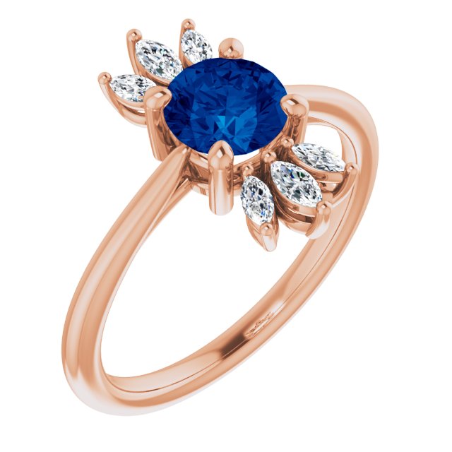 14K Gold Round Natural Blue Sapphire & Natural Diamond Accented Ring - Rose Gold