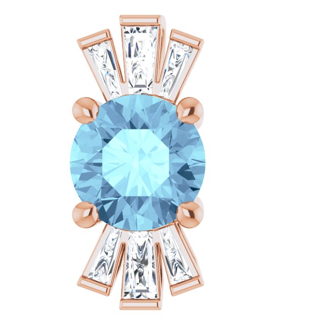14K Gold Round Natural Aquamarine & Natural Diamond Accented Necklace or Pendant – 1/6 CTW - Rose Gold