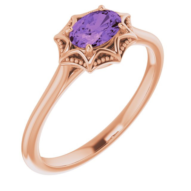 14K Gold Oval Natural Amethyst Solitaire Ring – 6x4mm - Rose Gold