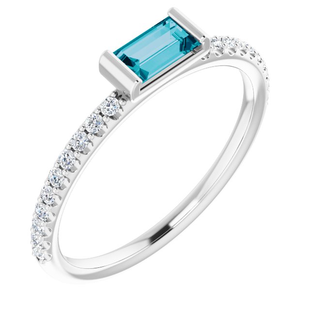 14K Gold Straight Baguette Natural London Blue Topaz & Natural Diamond Accented Stackable Ring – 5x2.5mm - White Gold