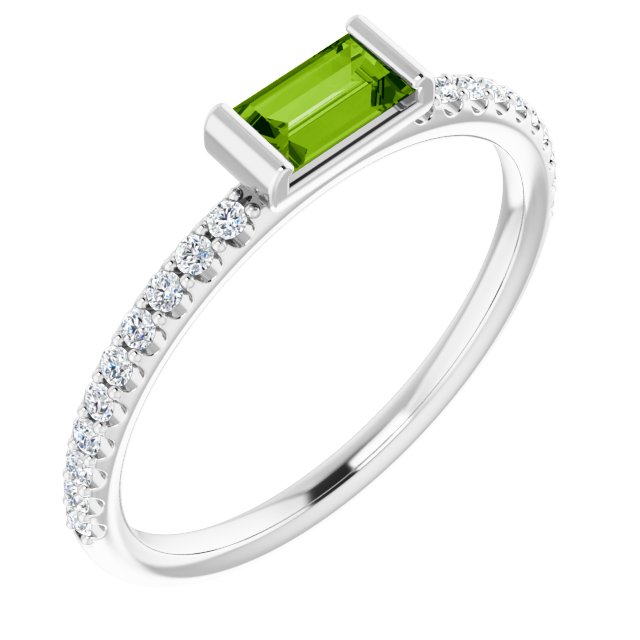 14K Gold Straight Baguette Natural Peridot & Natural Diamond Accented Stackable Ring - White Gold