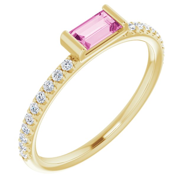 14K Gold Straight Baguette Natural Pink Sapphire & Natural Diamond Accented Stackable Ring - Yellow Gold