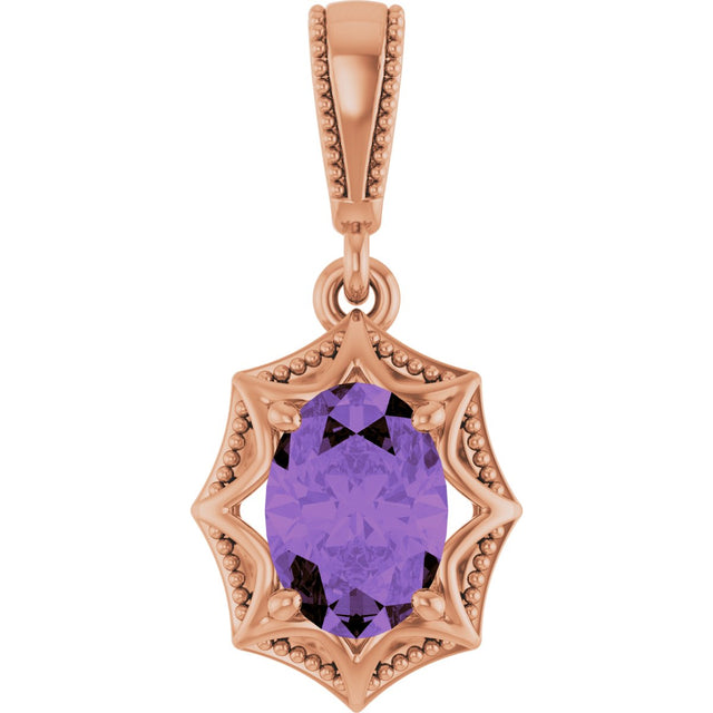 14K Gold Oval Natural Amethyst Beaded Solitaire Pendant - Rose Gold