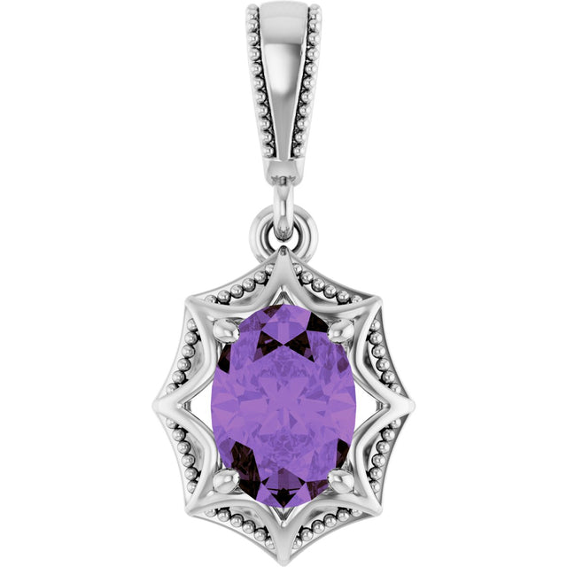 14K Gold Oval Natural Amethyst Beaded Solitaire Pendant - White Gold