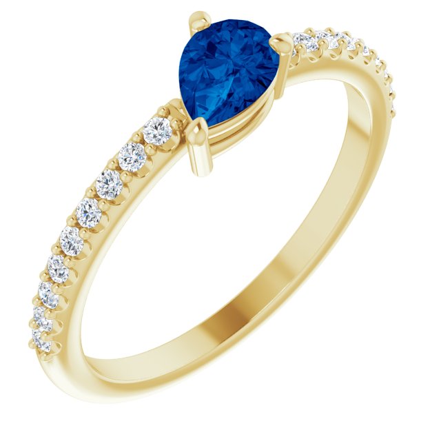 14K Gold Pear Natural Blue Sapphire & Natural Diamond Stackable Accented Ring - Yellow Gold