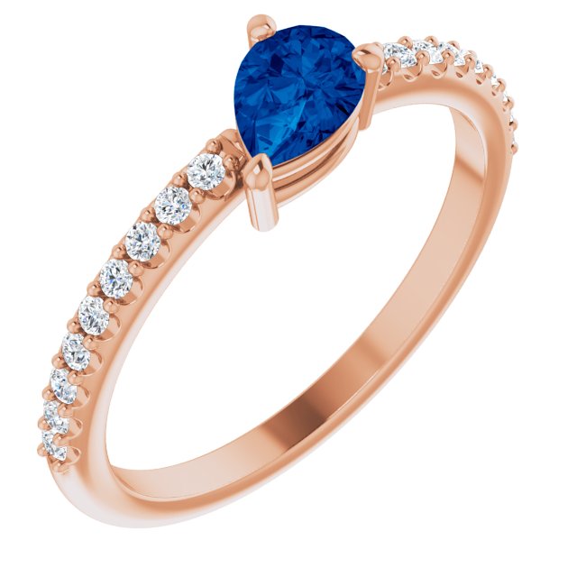 14K Gold Pear Natural Blue Sapphire & Natural Diamond Stackable Accented Ring - Rose Gold