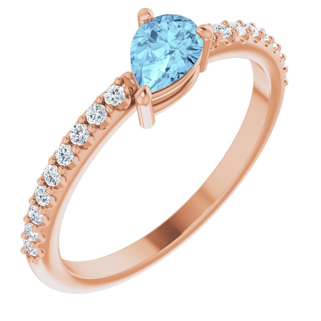 14K Gold Pear Natural Aquamarine & Natural Diamond Stackable Accented Ring - Rose Gold