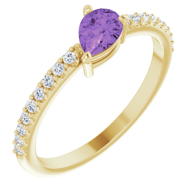 14K Gold Pear Natural Amethyst & Natural Diamond Stackable Accented Ring - Yellow Gold