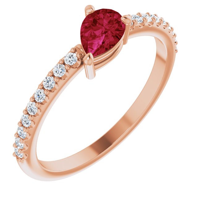 14K Gold Pear Natural Ruby & Natural Diamond Stackable Accented Ring - Rose Gold