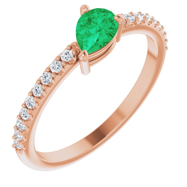 14K Gold Pear Lab-Grown Emerald & Natural Diamond Stackable Accented Ring - Rose Gold