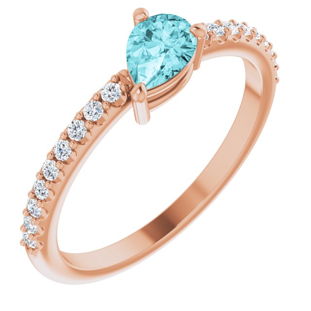 14K Gold Pear Natural Blue Zircon & Natural Diamond Stackable Accented Ring - Rose Gold
