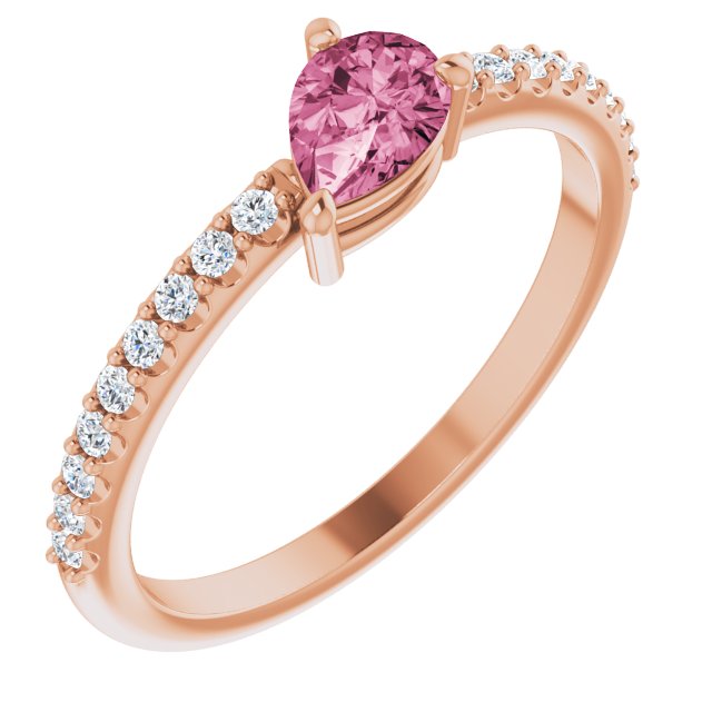 14K Gold Pear Natural Pink Tourmaline & Natural Diamond Stackable Accented Ring - Rose Gold