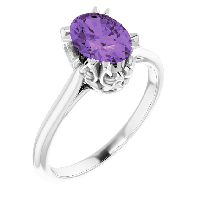 14K Gold Oval Natural Amethyst Solitaire Ring – 6-10mm Stones - White Gold