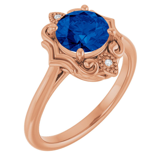 14K Gold Round Lab-Grown Blue Sapphire & Natural Diamond Vintage-Inspired Ring - Rose Gold