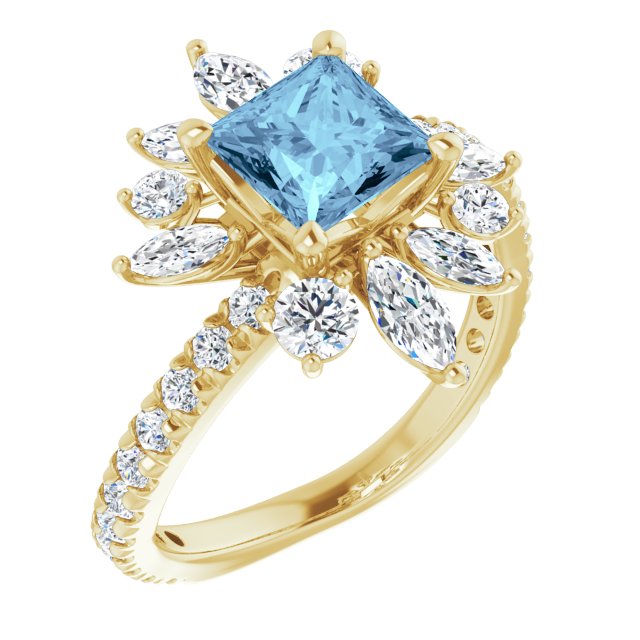 14K Gold Square Natural Aquamarine & Natural Diamond Halo-Style Ring - Yellow Gold