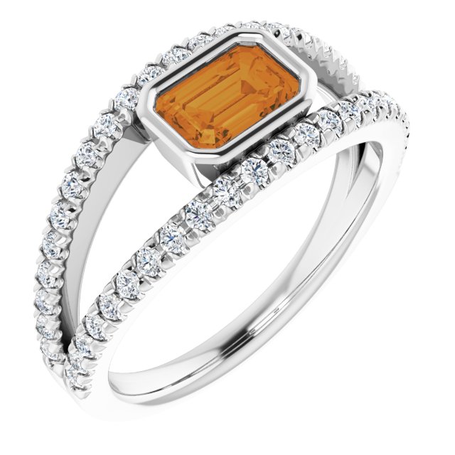 Platinum Emerald Natural Citrine & Natural Diamond Bezel-Set Accented Ring
