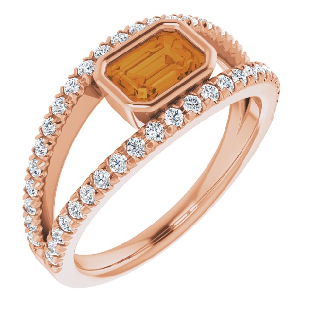 14K Gold Emerald Natural Citrine & Natural Diamond Bezel-Set Accented Ring - Rose Gold
