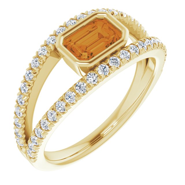 14K Gold Emerald Natural Citrine & Natural Diamond Bezel-Set Accented Ring - Yellow Gold