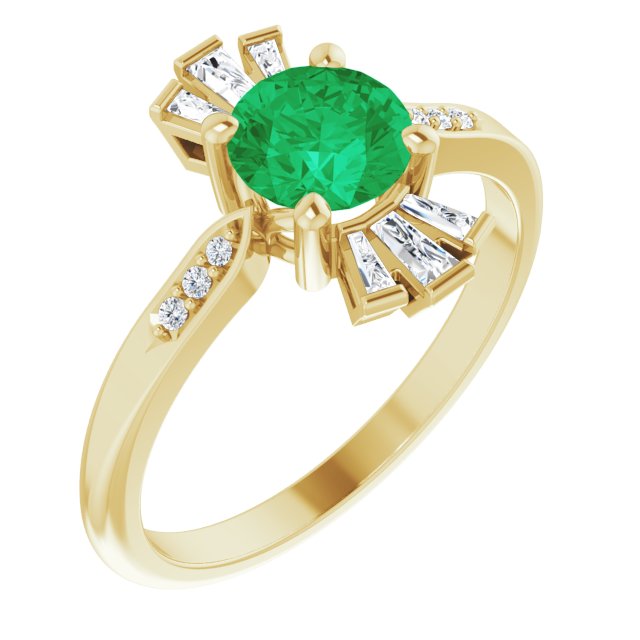 14K Gold Round Natural Emerald & Natural Diamond Accented Ring II - Yellow Gold