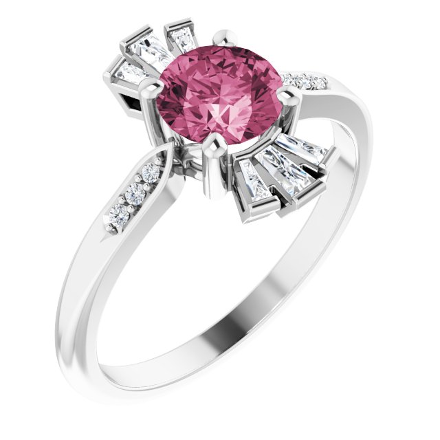 Platinum Round Natural Pink Tourmaline & Natural Diamond Accented Ring – 6mm Stones