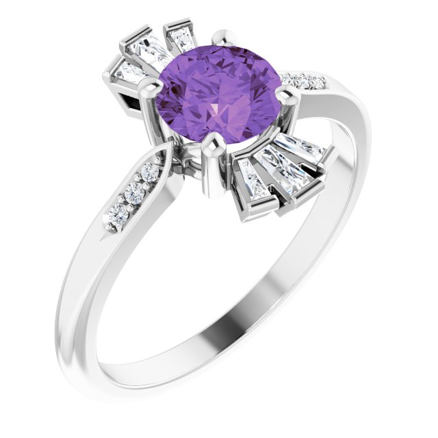 14K Gold Round Natural Amethyst & Natural Diamond Accented Ring II - White Gold