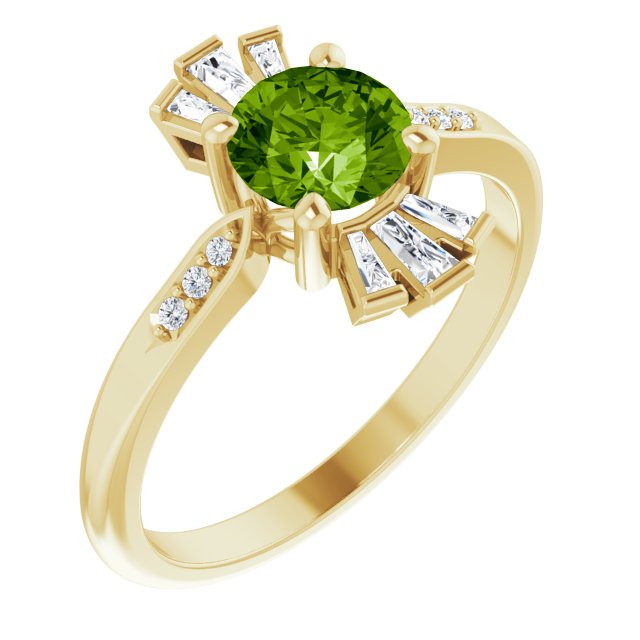 14K Gold Round Natural Peridot & Natural Diamond Accented Ring – 6mm Stones - Yellow Gold