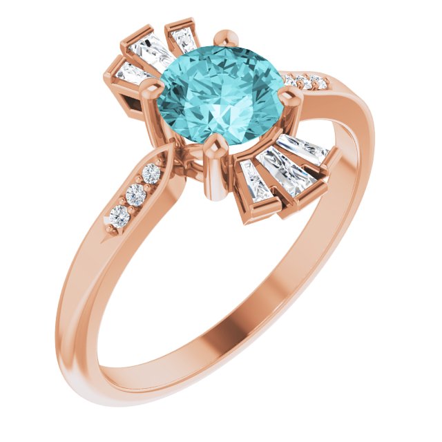 14K Gold Round Natural Blue Zircon & Natural Diamond Accented Ring II - Rose Gold