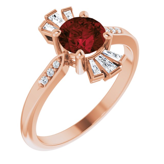 14K Gold Round Natural Mozambique Garnet & Natural Diamond Accented Ring II - Rose Gold
