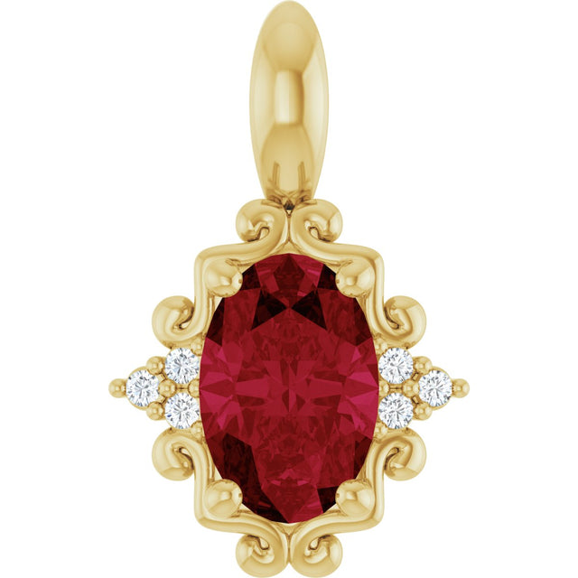 14K Gold Oval Natural Ruby & Natural Diamond Accented Pendant - Yellow Gold