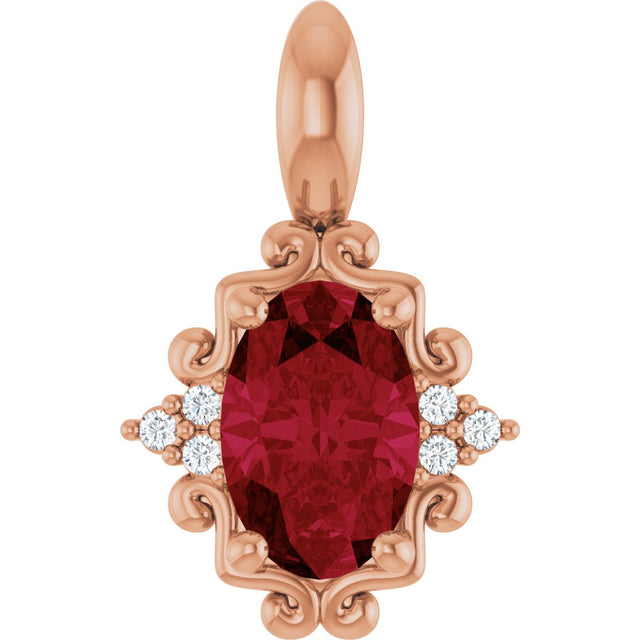 14K Gold Oval Natural Ruby & Natural Diamond Accented Pendant - Rose Gold